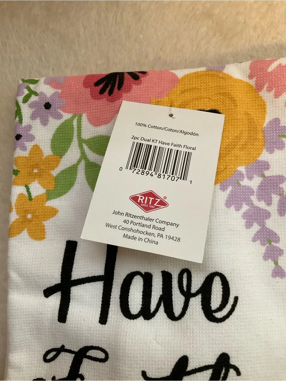 Have Faith Floral Kitchen Towel - White with Pink & Yellow Flowers